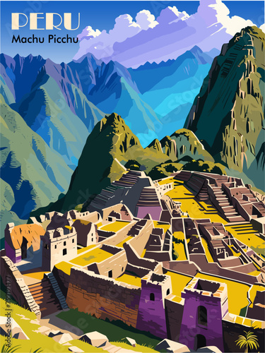 Peru Travel Destination Poster in retro style. Mach Picchu mountains digital print. Exotic summer vacation, holidays concept. Vintage vector colorful illustration.