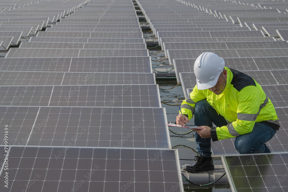 Engineer working at floating solar farm,checking and maintenance with solar batteries near solar panels,supervisor Check the system at the solar power station Engineer working at floating solar farm,checking and maintenance with solar batteries near solar panels,supervisor Check the system at the solar power station
