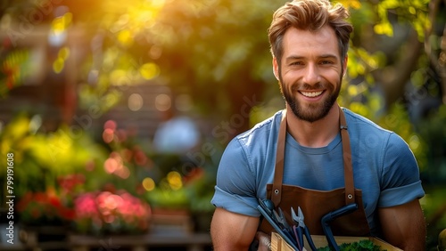Happiness in the garden: Male gardener in apron holding box of tools. Concept Gardening, Male, Gardener, Apron, Tools