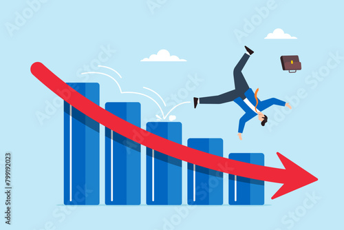 Businessman investor slips on stock market graph and falls to the floor, illustrating stock market plunge or economic downturn. Concept of investing failure or mistakes, price drops, and recessions