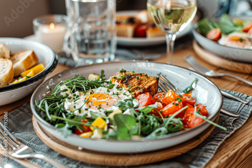 A plate of food with a salad, eggs, and tomatoes. The plate is on a wooden table with a fork and knife