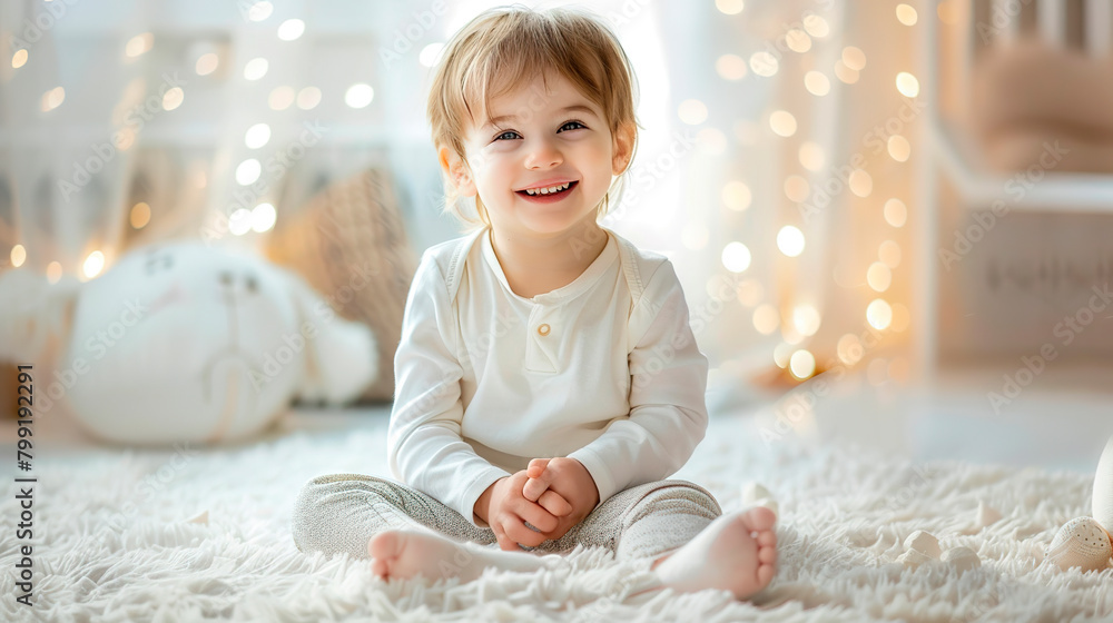 Fototapeta premium Cute cheerful little boy sitting on the carpet in a white playroom in scandinavian style