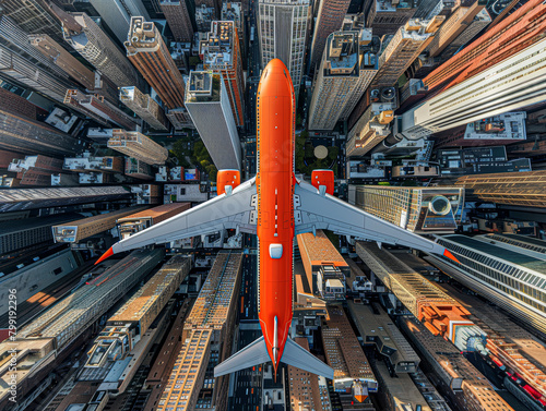 An orange airplane is flying over a city. Concept of freedom and adventure, as the airplane soars high above the urban landscape. The bright orange color of the plane contrasts with the dark buildings