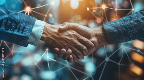 Close up of two businessmen shaking hands. Cityscape is in the background. Night city view is in the foreground. Double exposure photo