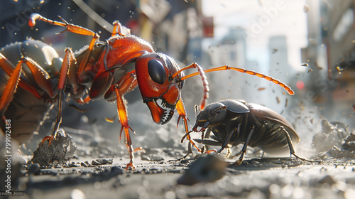 Close-Up: Ant and Beetle in Combat