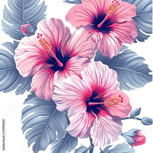 Beautiful pink Hawaiian hibiscus flowers with blue leaves on a white background