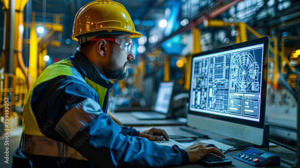 A man in a yellow helmet is working on a computer monitor. He is wearing a yellow vest and a hard hat A man in a yellow helmet is working on a computer monitor. He is wearing a yellow vest and a hard hat