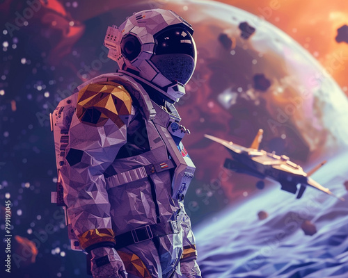 Xerus astronaut on an adventure in a low poly galaxy starship in the background photo