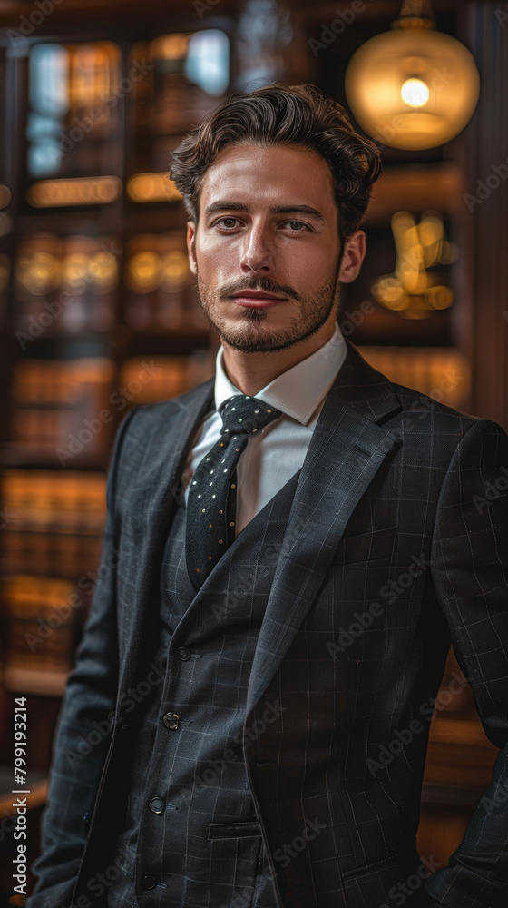 A man in a suit and tie stands in front of a bookcase. He is wearing a black suit and a black tie with a black and white pattern A man in a suit and tie stands in front of a bookcase. He is wearing a black suit and a black tie with a black and white pattern