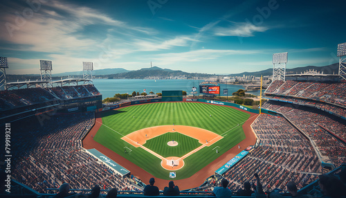 A packed baseball stadium on a sunny day. Generative AI