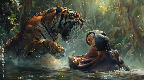 Territorial Clash: Tiger vs. Hippopotamus photo