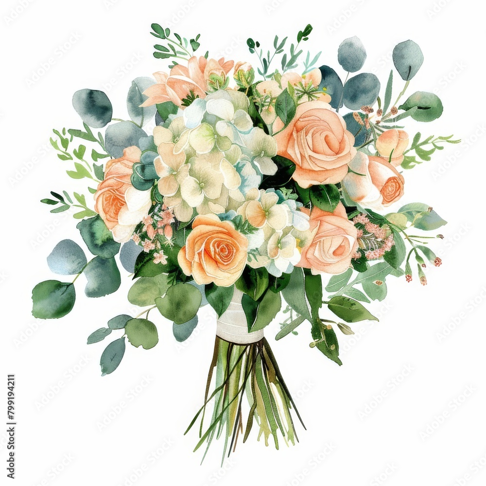 wedding, bouquet, watercolor, flowers, roses, hydrangea, eucalyptus, floral, illustration, botanical, arrangement