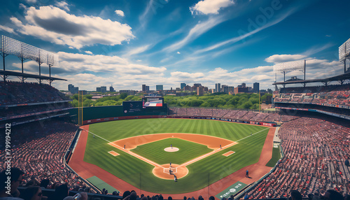 A packed baseball stadium on a sunny day. Generative AI