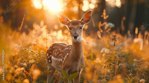A beautiful deer standing in a field of tall grass