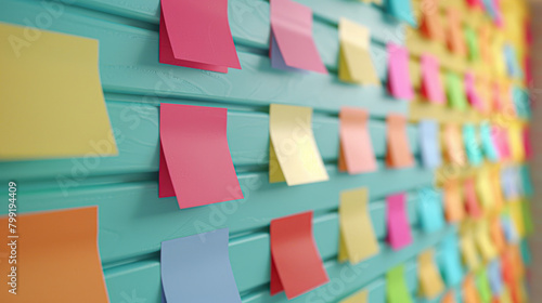 A wall covered in colorful sticky notes. The notes are in various colors and sizes, and they are arranged in a way that creates a sense of organization and productivity