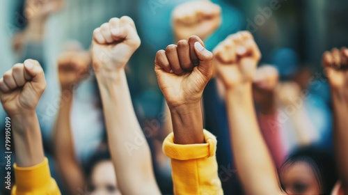 A group of people with their fists raised in the air,A diverse group of individuals raising their fists in unity, possibly at a protest or rally, conveying empowerment and solidarity. Generated AI