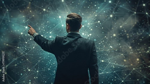 A man in a suit pointing at a starry sky. Concept of wonder and curiosity about the vastness of the universe