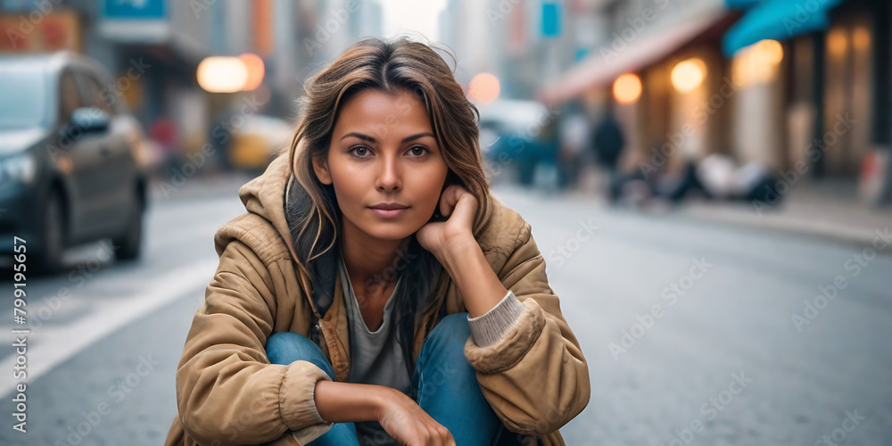  woman sitting on the road in a big city. 