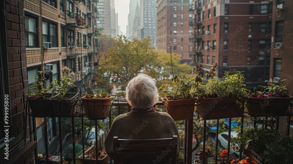Obraz premium A woman sits on a chair on a balcony overlooking a city. The balcony is filled with potted plants and the woman is wearing a scarf
