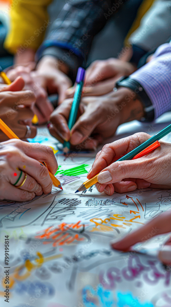 Obraz premium A group of people are drawing on a piece of paper. The drawing is colorful and has a lot of different shapes and lines. Scene is playful and creative, as the people are using their hands to draw