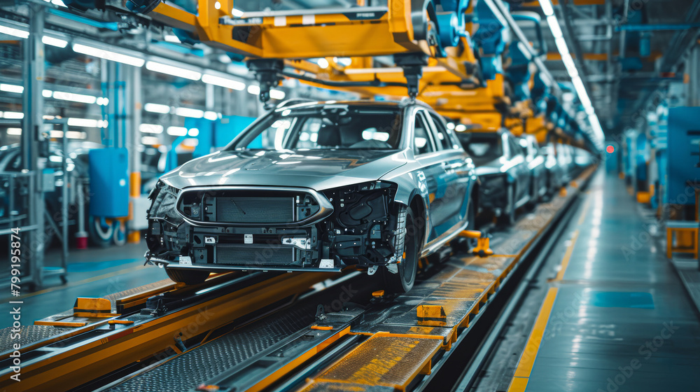 A car is being built in a factory. The car is silver and has a black grill. The factory is filled with machinery and the car is on a conveyor belt