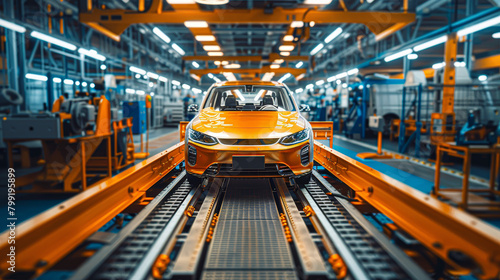 A yellow car is being built in a factory. The car is on a conveyor belt and is being assembled