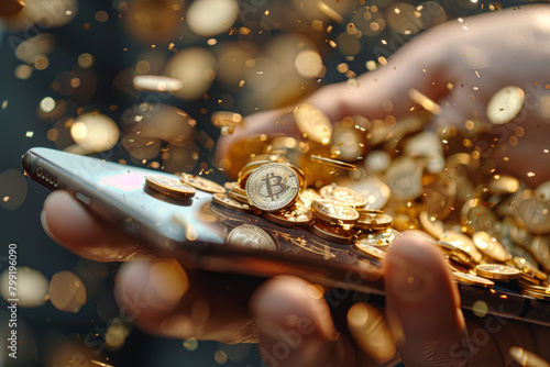 A hand holding a cell phone with a pile of gold coins on it. Concept of wealth and abundance