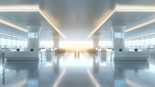 Bright airport gate exit area with ticket check desks and information screens. Concept Airport Design, Check-in Counters, Departure Area, Information Screens, Ticket Check photo