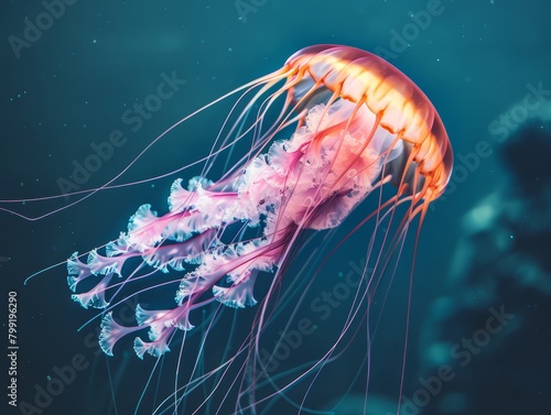 Jellyfish Swimming in Ocean Waters, Illuminated by Submerged Light, Casting Enchanting Volume Rays © Iryna