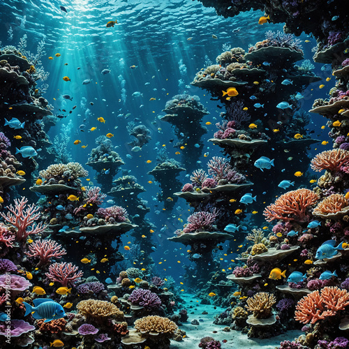 Mystical underwater scene with bioluminescent creatures