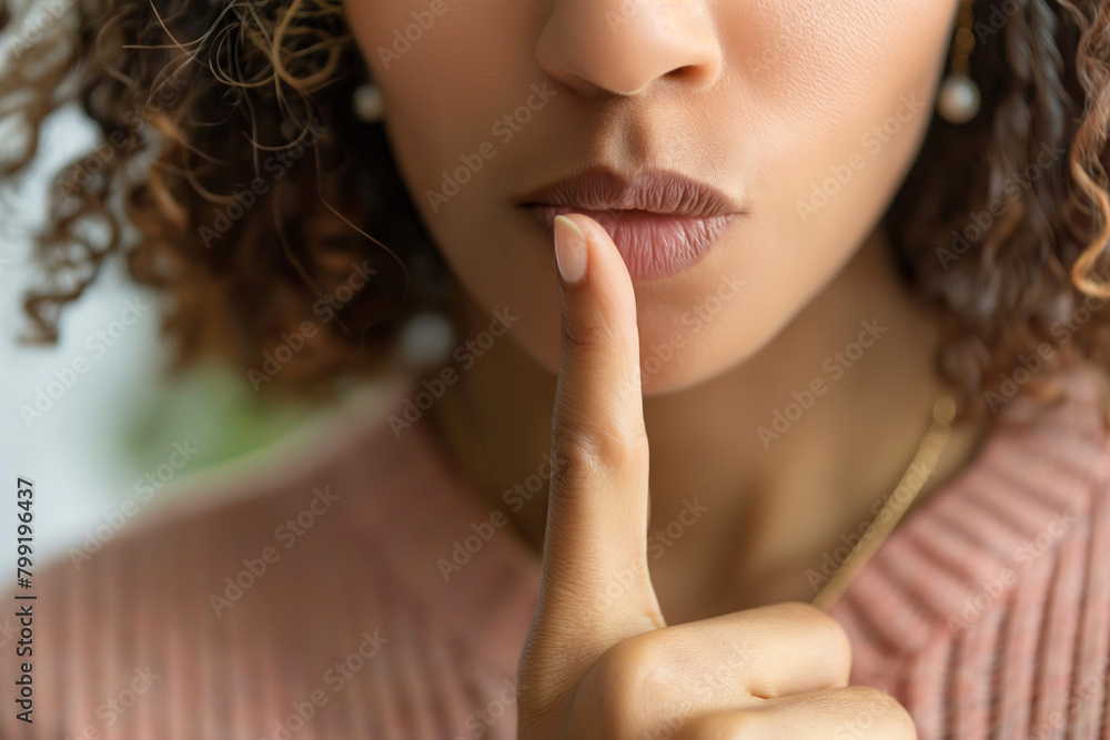 Close up of Woman putting her finger in front of her mouth, asking silence Close up of Woman putting her finger in front of her mouth, asking silence