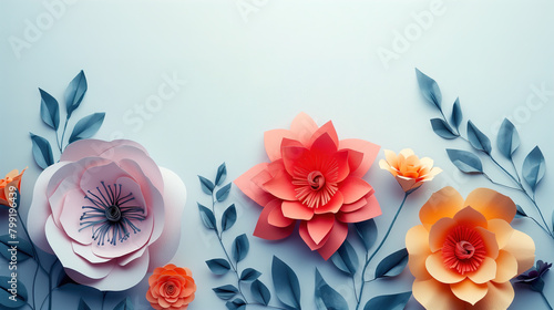 Three Paper Flowers With Leaves on a Blue Background