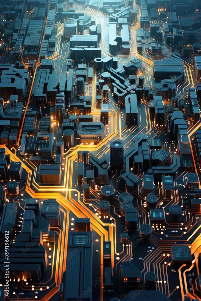 A circuit board with orange glowing lines