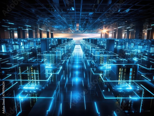 A futuristic data center with blue glowing servers and a bright light at the end of the aisle.