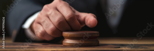 An authoritative hand positioned above a wooden gavel on a desk exudes a sense of power and justice photo
