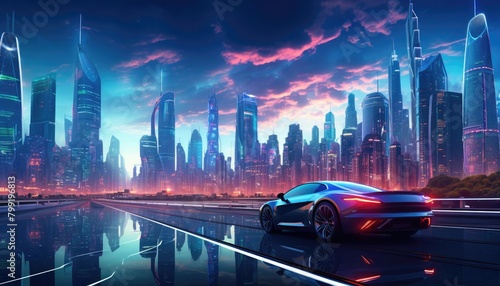 A sports car drives through a futuristic city at night