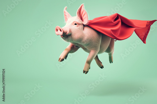 Flying superhero pig wearing red cape photo