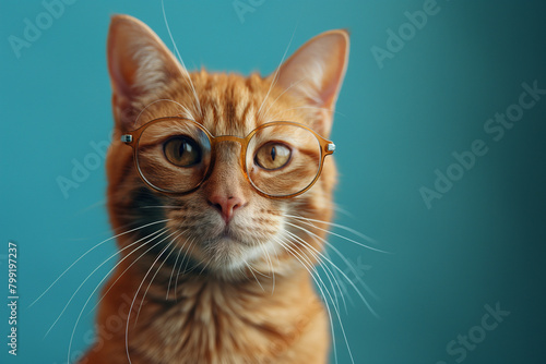 Funny face orange cat with glasses isolated on pastel blue background