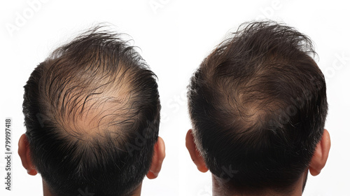 A man with hair loss before and after treatment, on white background. He visited a trichologist.