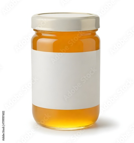 A glass mockup jar filled with golden honey
