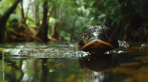 A curious platypus peeking out from the surface of a tranquil river in an Australian rainforest.