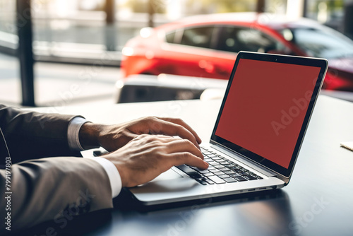 Man working on laptop on background of red car. Online buying and selling auto photo