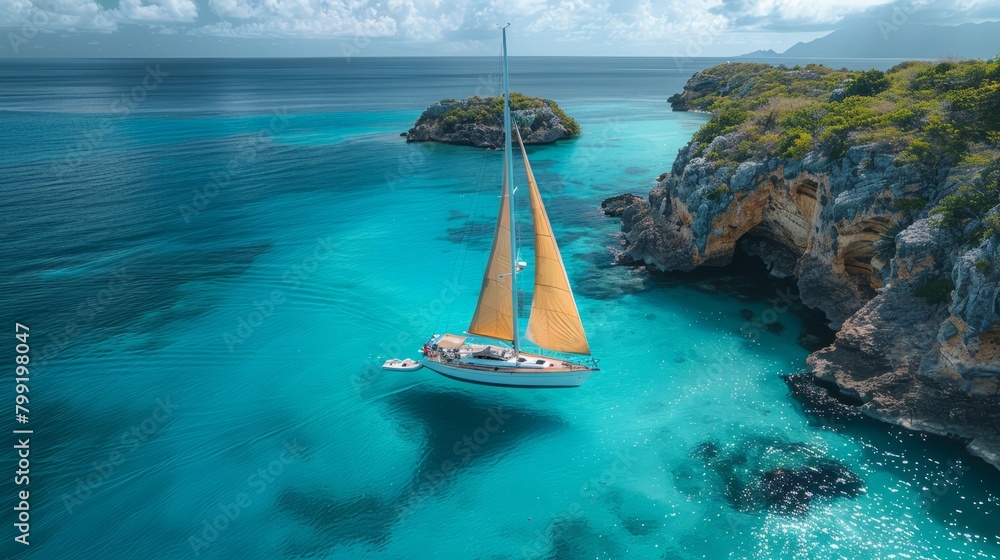 Obraz premium With laughter and love, Sarah and Alex explore Caribbean treasures, their sailboat tracing a path through sun-kissed waters.