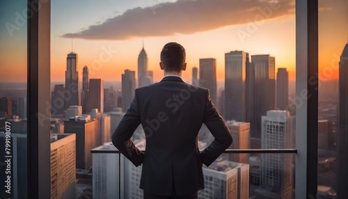 A young business man with short standing on a balcony overlooking a city skyline at sunset © aicha