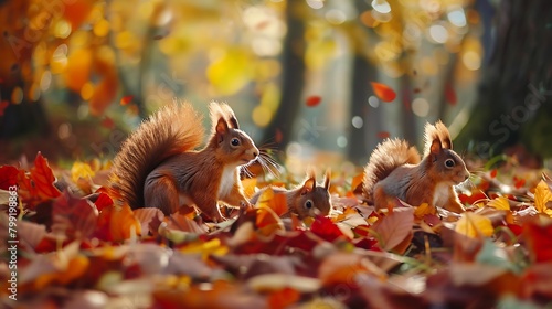 A family of red squirrels playfully chasing each other among the colorful autumn leaves of a dense forest. photo