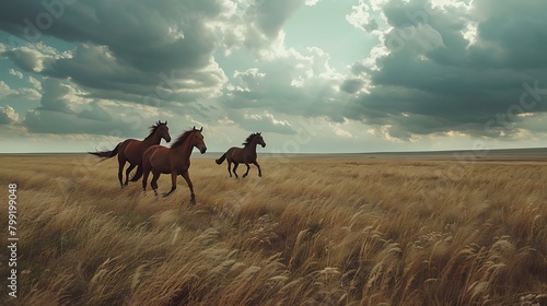 A family of wild horses galloping freely across a wide open prairie under a dramatic sky. photo