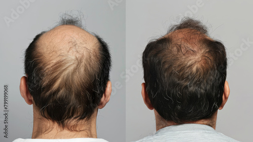 Before and after hair transplant surgery. Advertising for a hair transplant clinic. A man loses his hair and becomes shaggy. Treatment for baldness.