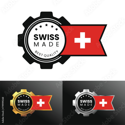 Swiss made with gear and flag design. Made in Switzerland For banner, stamp, sticker, icon, logo, symbol, label, badge, seal, sign. Vector Illustration