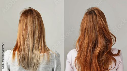 Before and after hair treatment. Woman's hair looks damaged on the left, but healthy and shiny on the right.