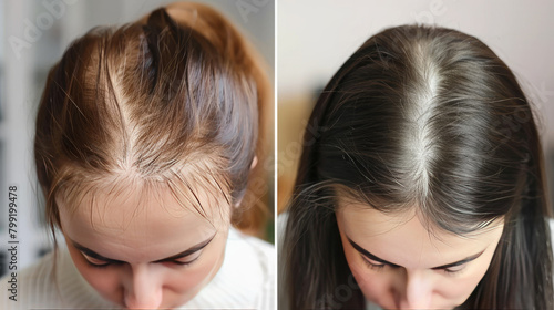Before and after pictures of a woman show the dramatic results of hair loss treatment.